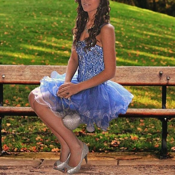 Samila Blue Sequin Embroidered Sweetheart Corseted Layered Tull Homecoming Dress - Picture 9 of 10